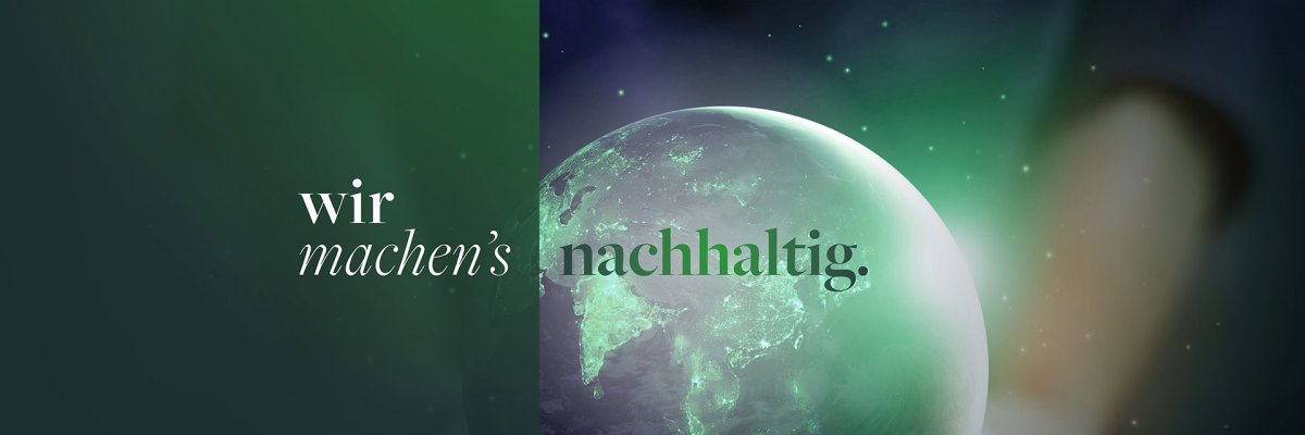 Companysite Auf der rechten Seite ist das Weltall zu sehen, mit einer Weltkugel und einem grünen Schriftzug "Nachhaltig". Auf der linken Seite ist ein grüner Hintergrund mit einem weißen Schriftzug "Wir machen’s".